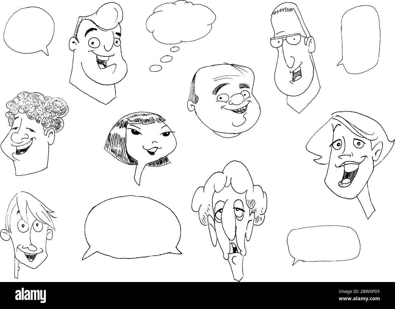 Doodle set of various people faces with speech bubbles Stock Vector