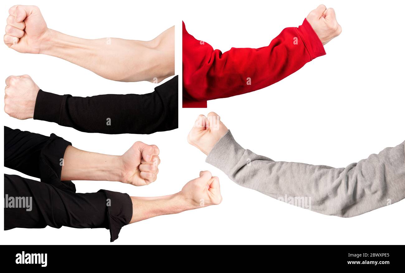 Set of male hands in different sleeves and without them, clenched into