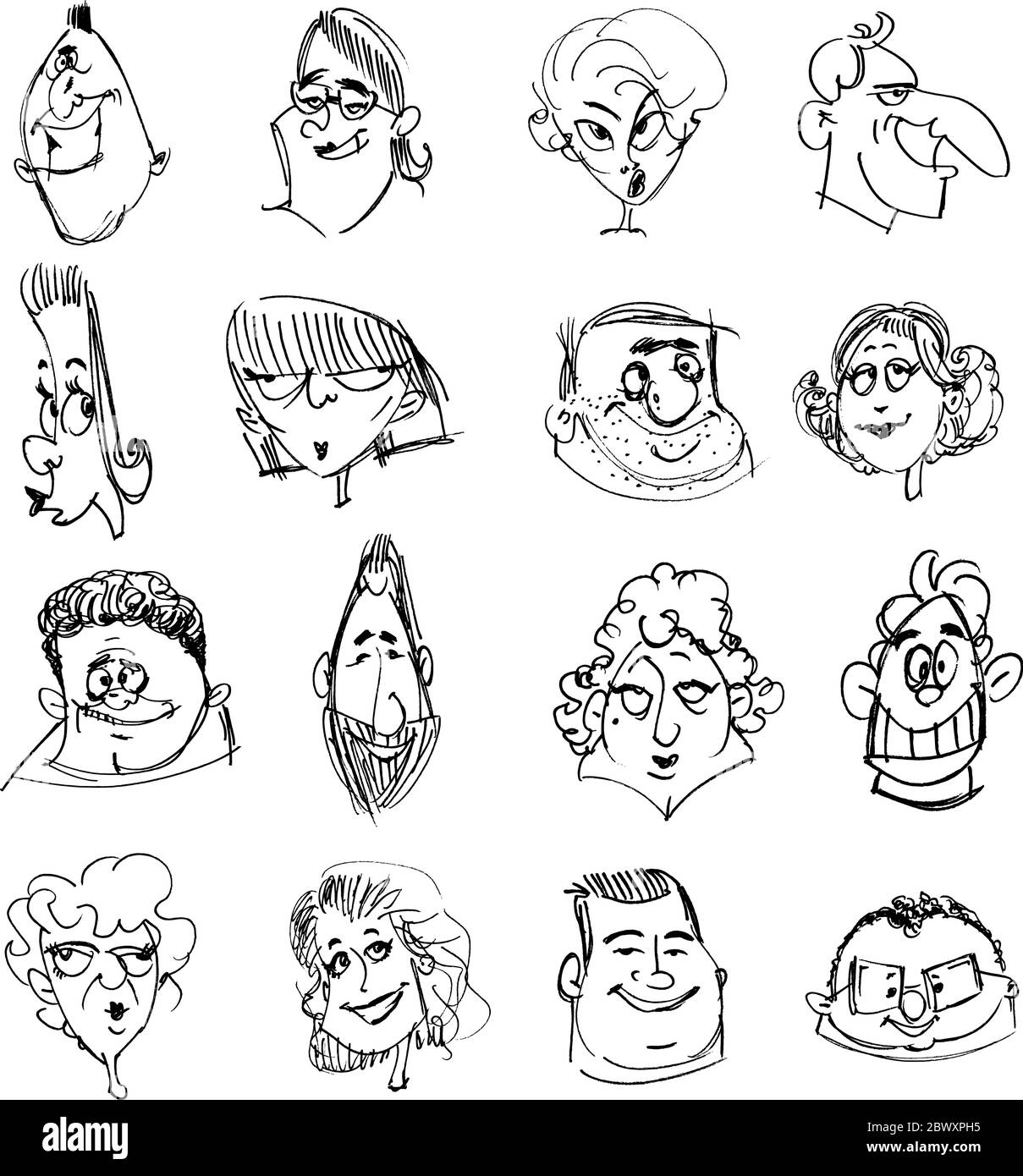 Vector doodle hand drawn people face set Stock Vector