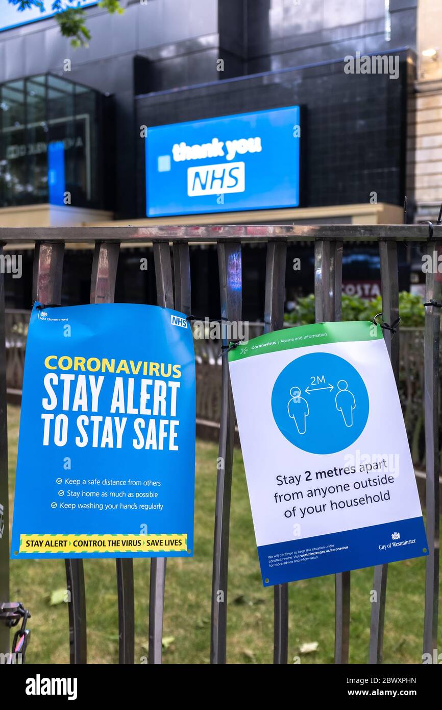 Stay Alert, Stay Safe. COVID-19 Pandemic Public Notices, Leicester Square, London Stock Photo