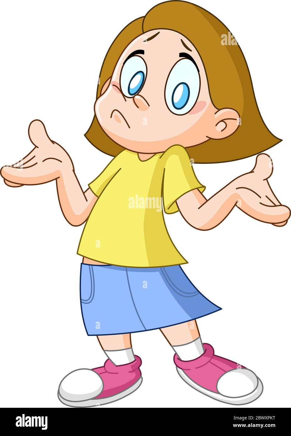 Young girl shrugging shoulders expressing luck of knowledge. Don’t know gesture. Stock Vector