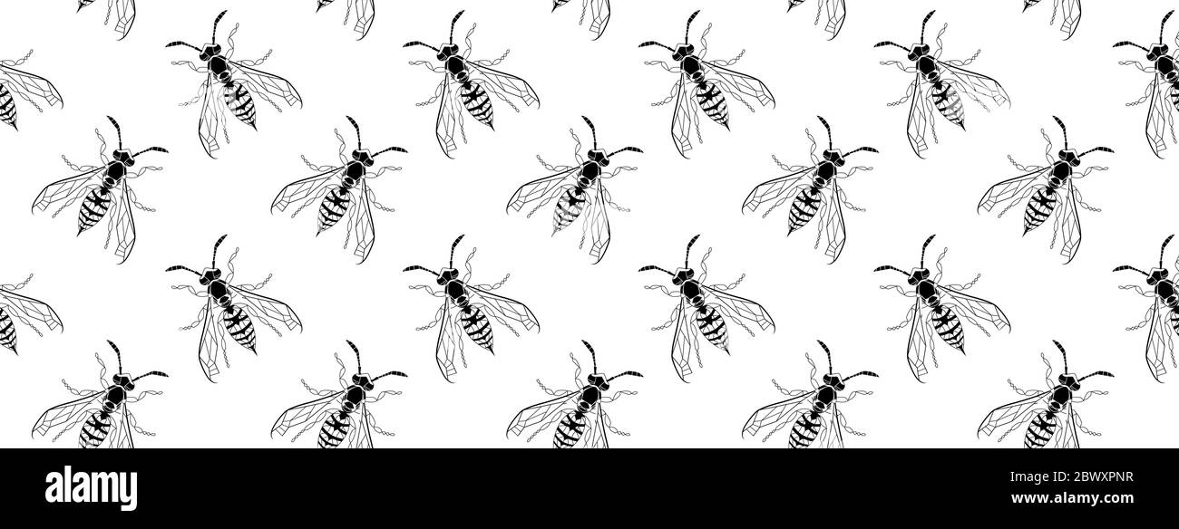 Dark gothic asp insect seamless wallpaper. Dangerous design for textile, fabric texture. Black line bugs cover on white backdrop. Vector Bumblebee drawing web banner. Wild Nature graphic print. Stock Vector