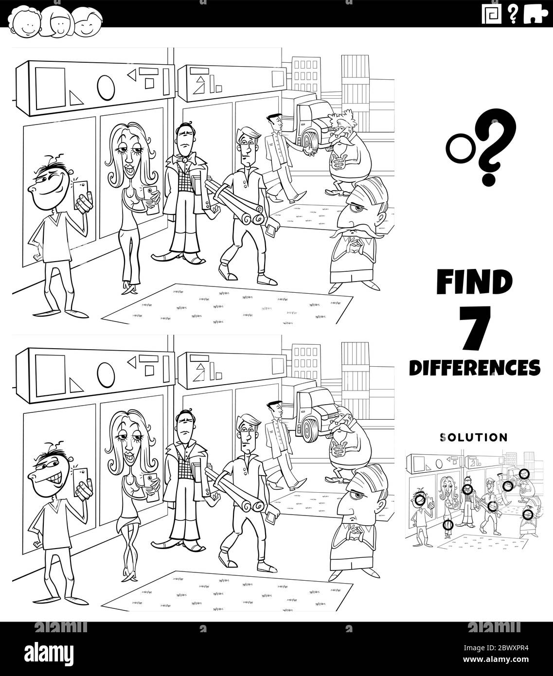 Black and White Cartoon Illustration of Finding Differences Between ...