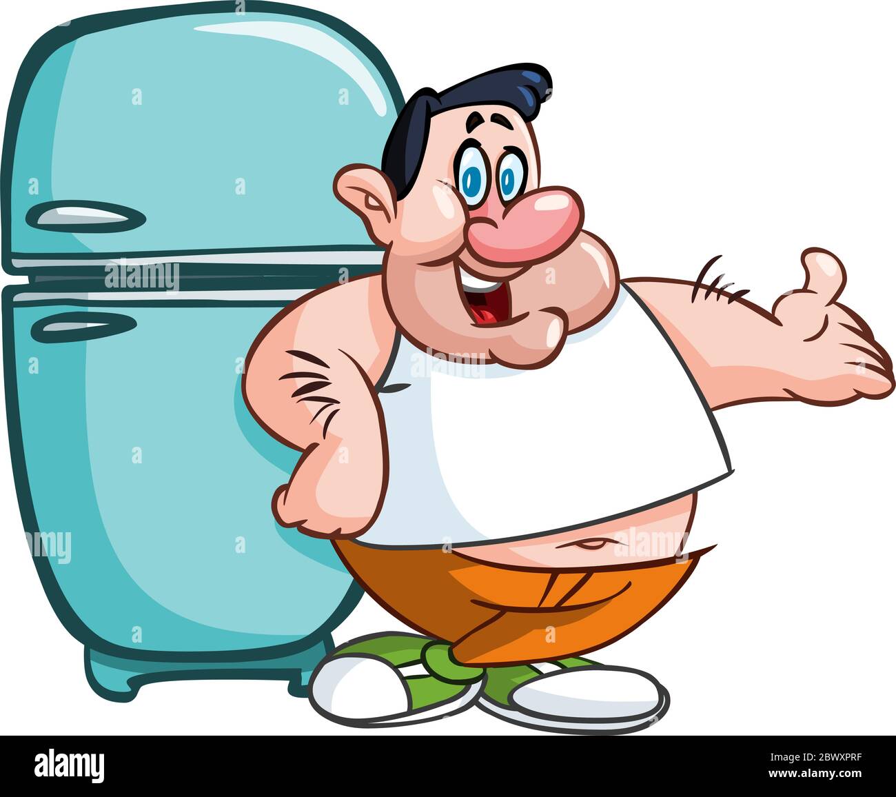 Fat man leaning on a fridge and presenting with his hand Stock Vector