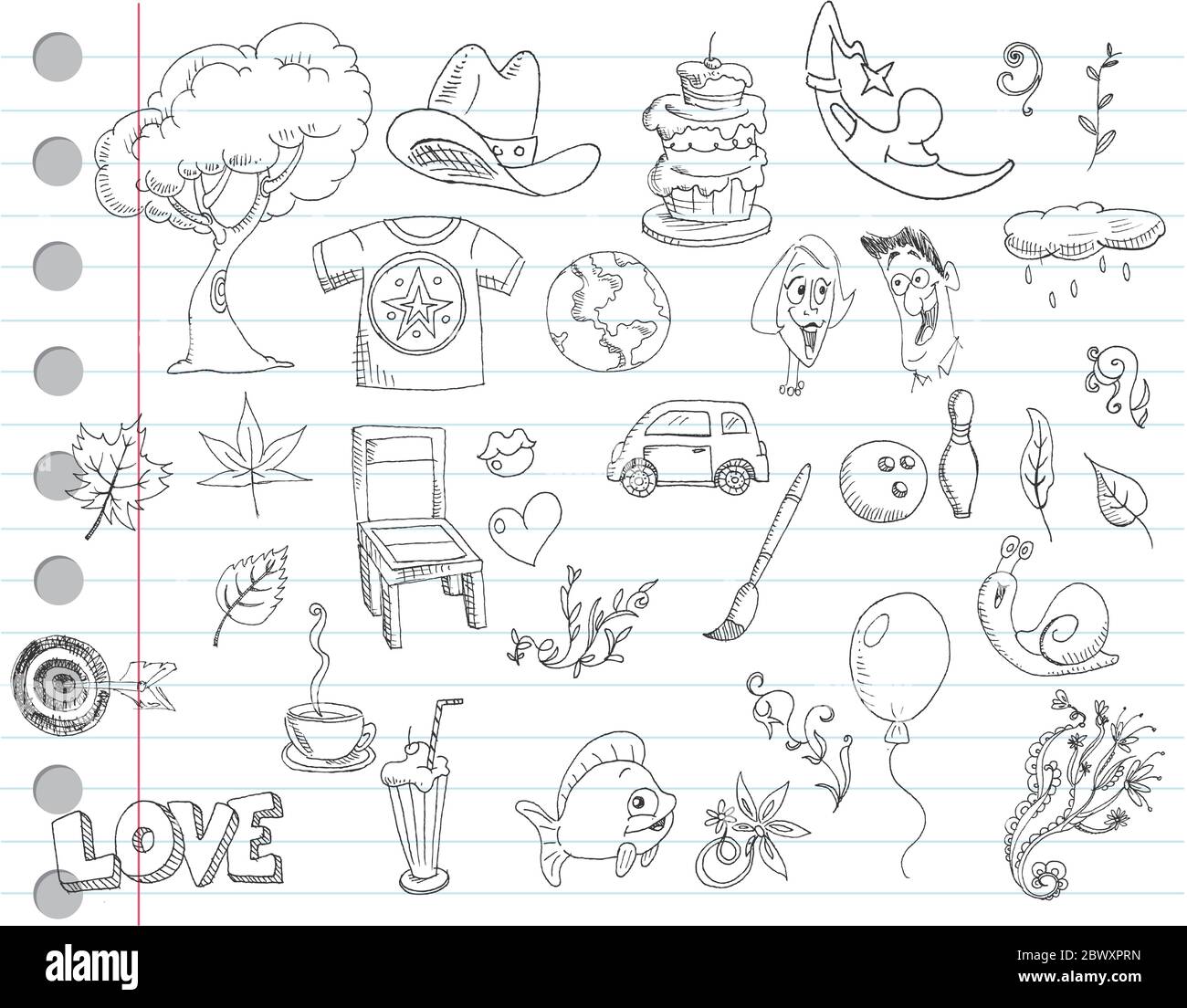 Notebook paper doodles. Set number 1 Stock Vector