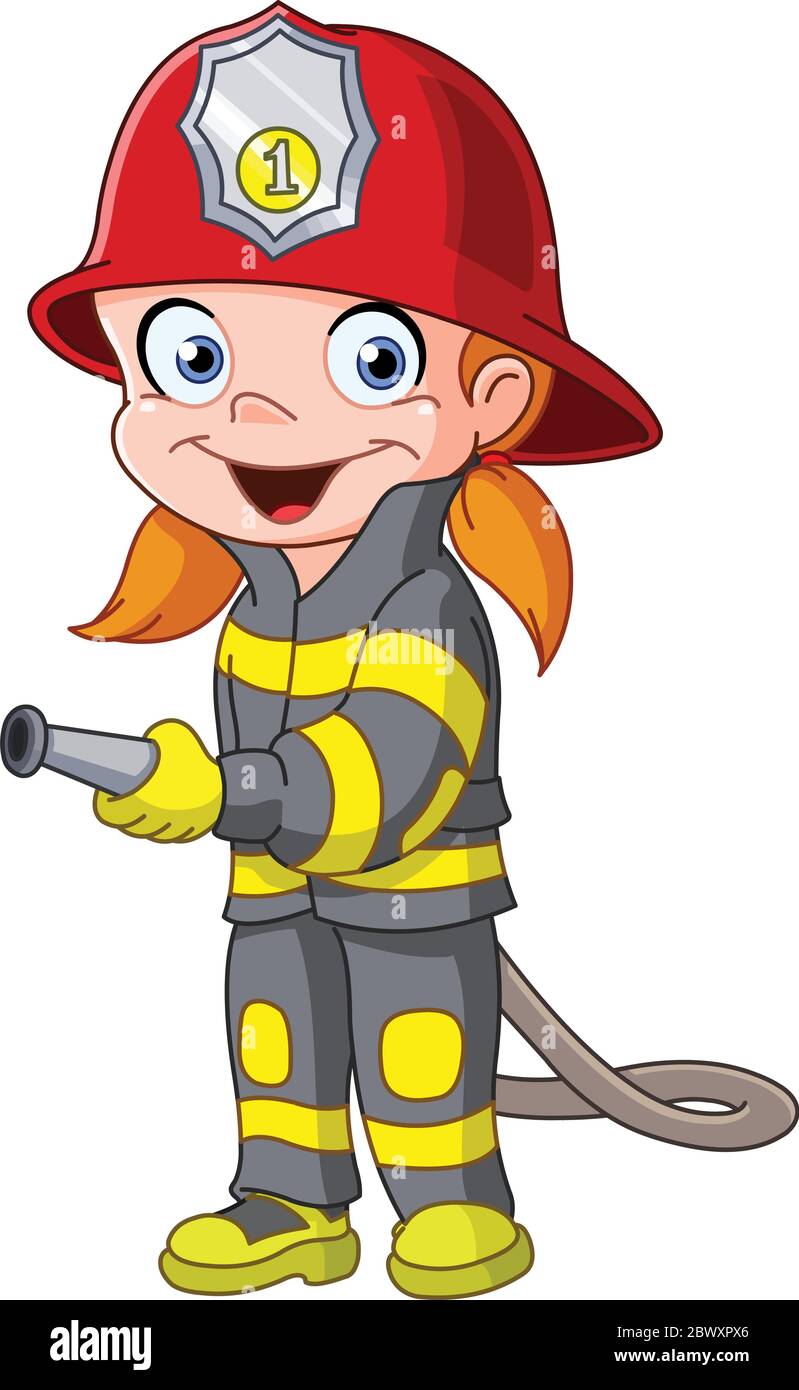 Young girl in a fireman costume Stock Vector
