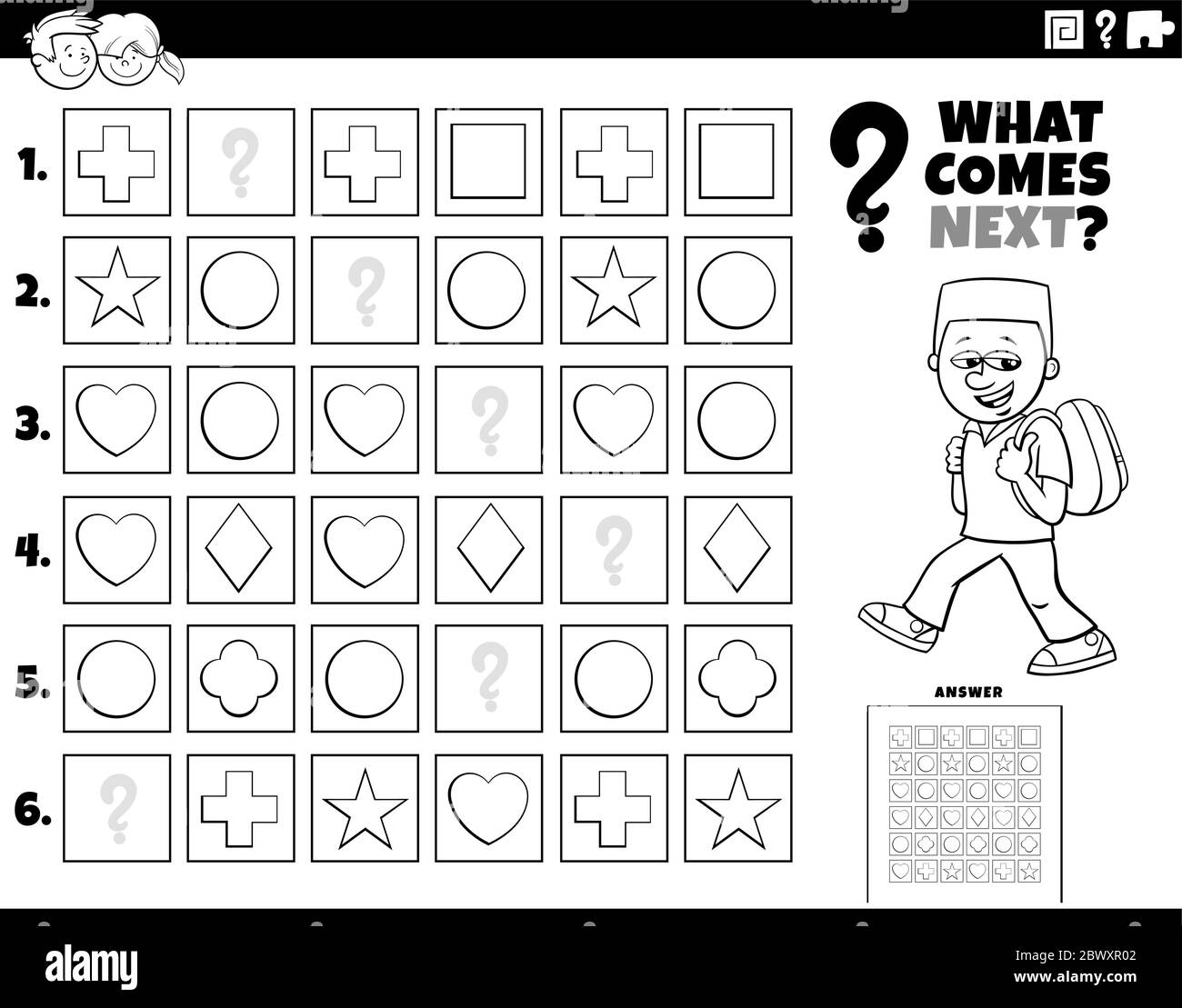 Black and White Cartoon Illustration of Completing the Pattern in the ...