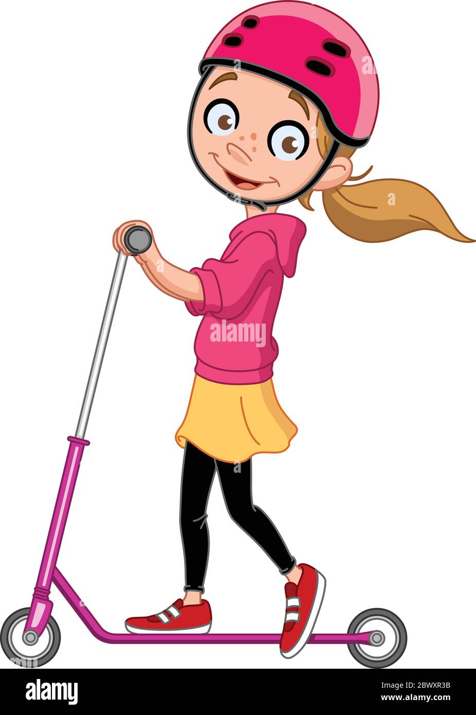 Happy young girl riding a scooter Stock Vector