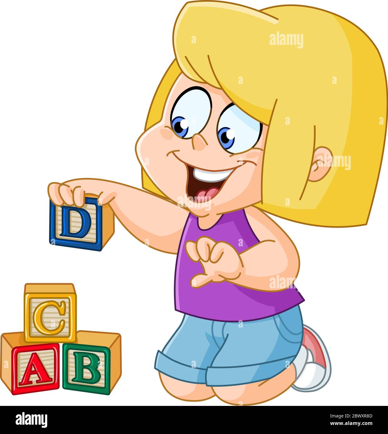 Little girl playing with wooden alphabet blocks Stock Vector