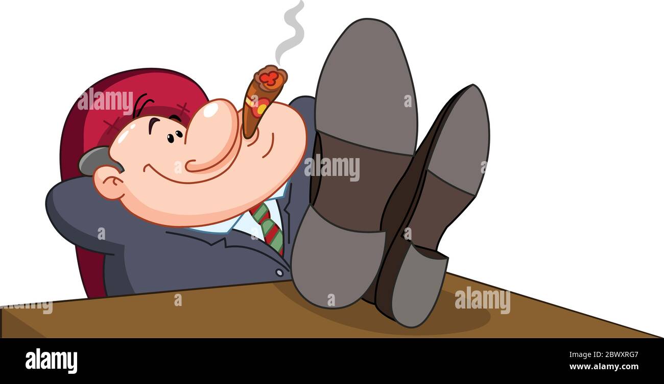 Happy boss smoking cigar with legs over table Stock Vector