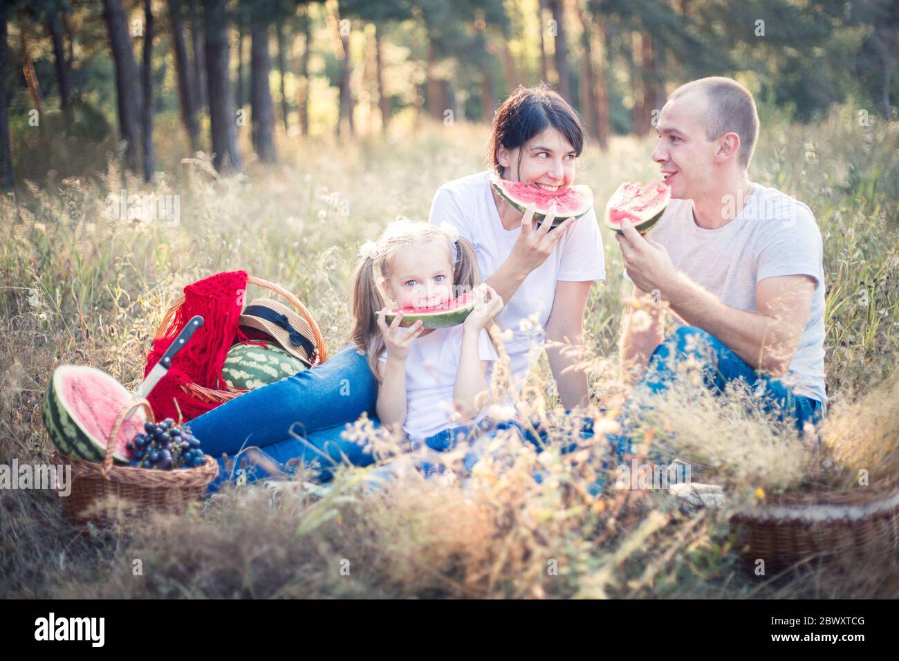 Family on a summer picnic. Watermelon and fruits Stock Photo Alamy