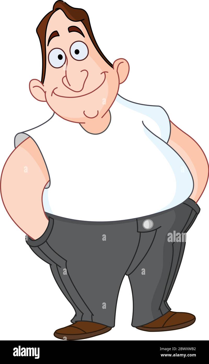 Smiling chubby man in a white shirt. His hands in his pocket Stock Vector