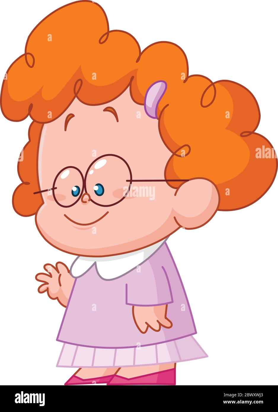 Cute curly little girl wearing glasses waving with her hand Stock Vector
