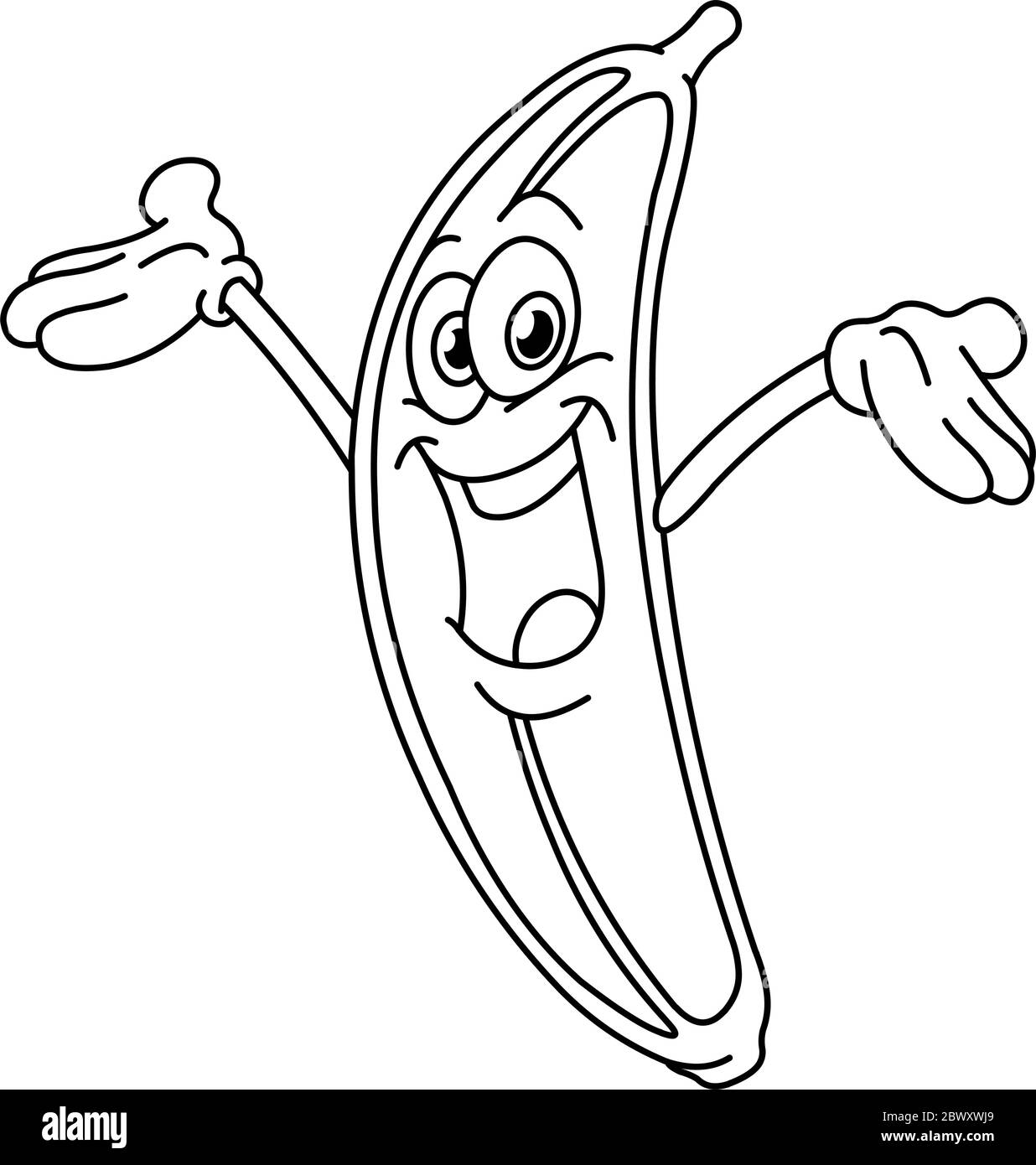 Cheerful outlined cartoon banana raising his arms. Vector illustration coloring page. Stock Vector