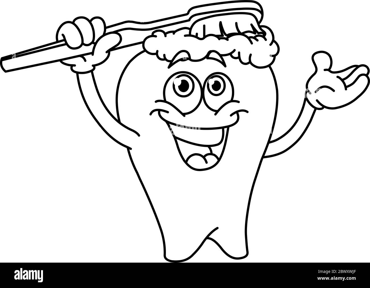 Outlined cartoon tooth brushing itself. Vector line art illustration coloring page. Stock Vector