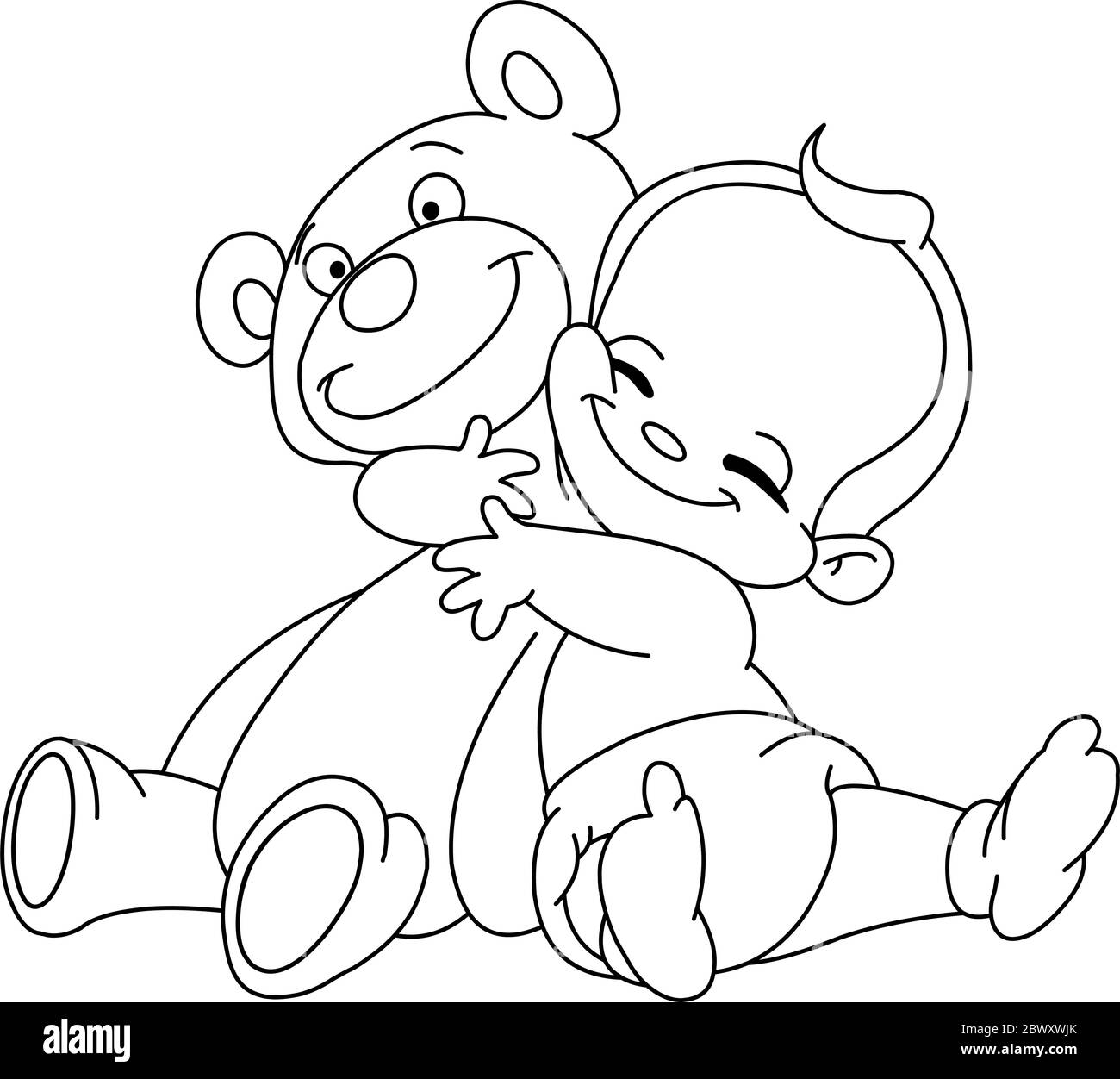 Outlined Cheerful baby hugging his teddy bear Stock Vector