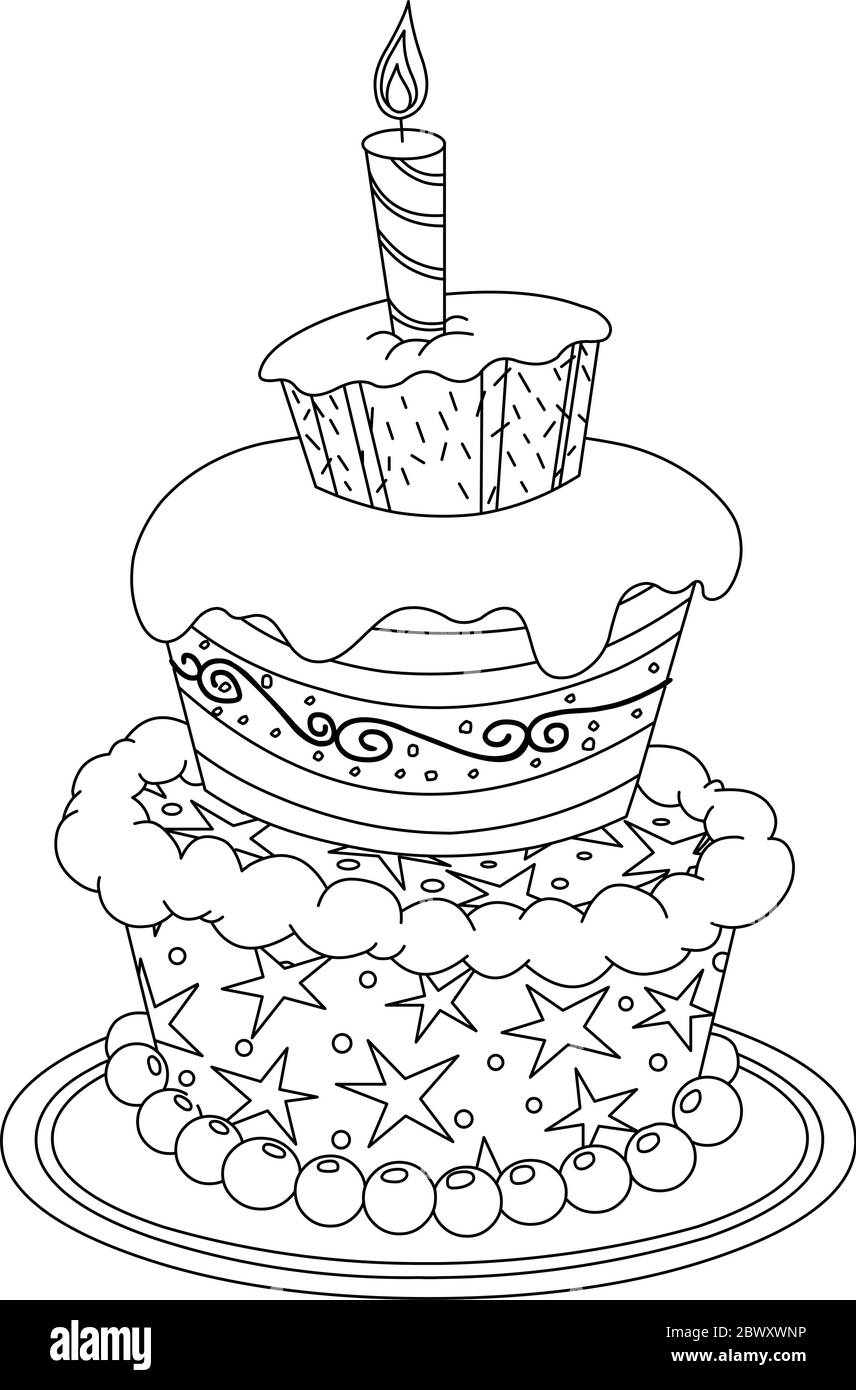 Outlined birthday cake. Vector line art illustration coloring page. Stock Vector