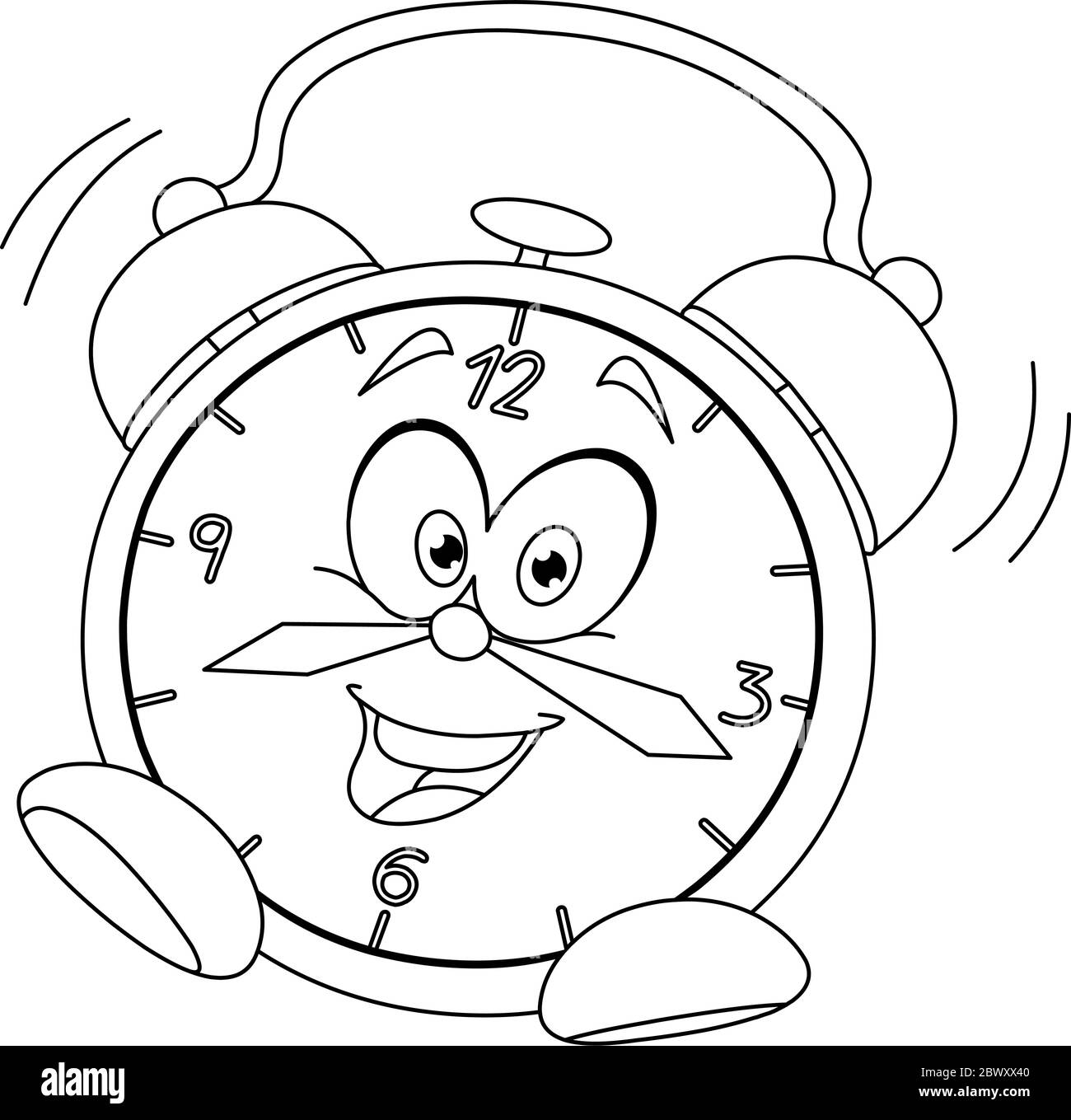 Outlined cartoon alarm clock. Vector illustration coloring page Stock Vector
