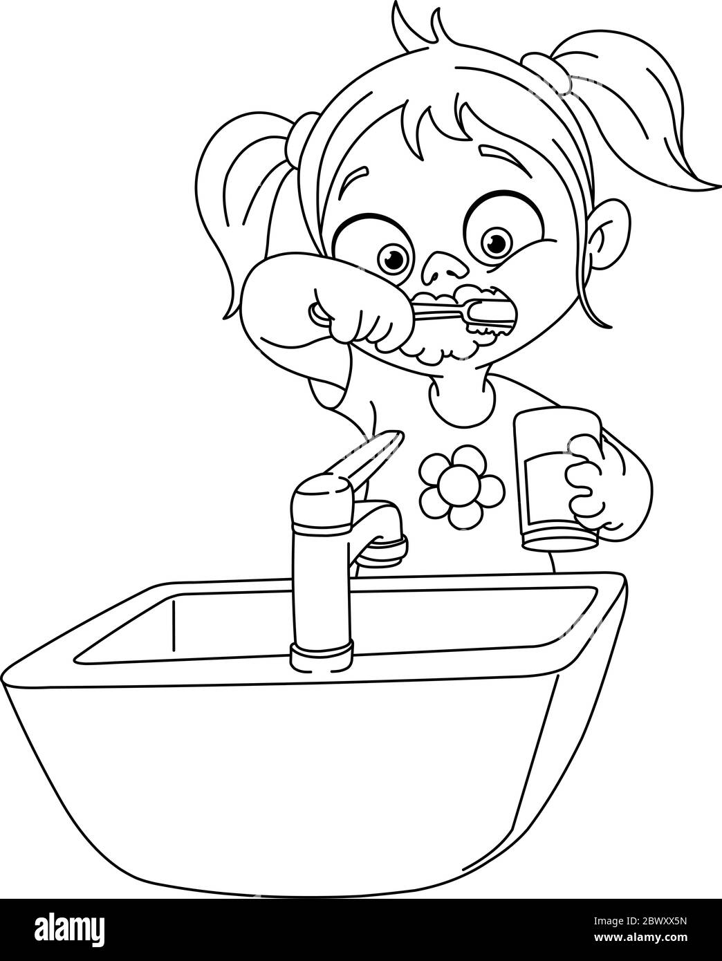 Outlined young girl brushing her teeth. Vector illustration coloring page. Stock Vector