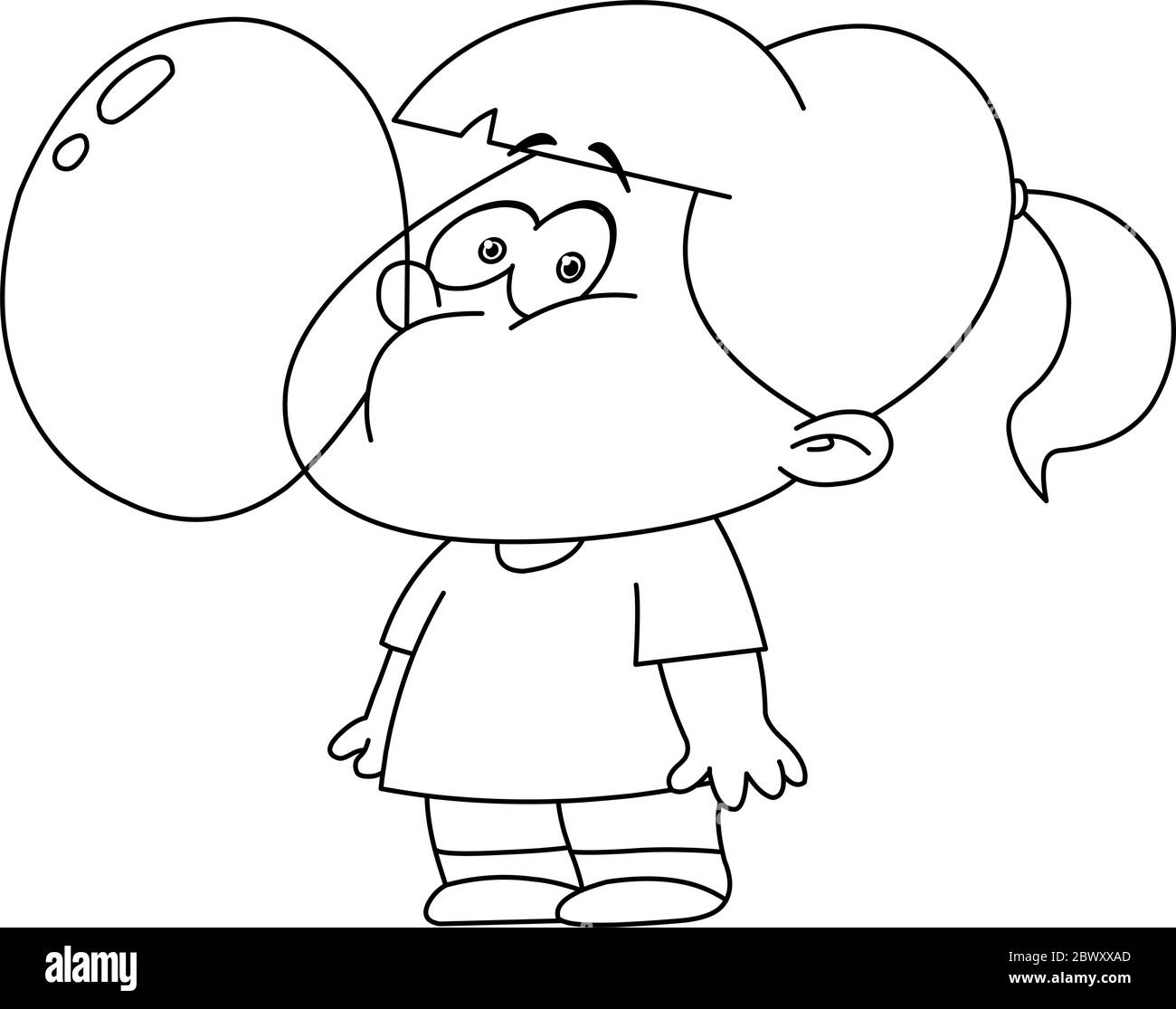 Outlined little girl blowing bubble from gum. Vector illustration coloring page Stock Vector