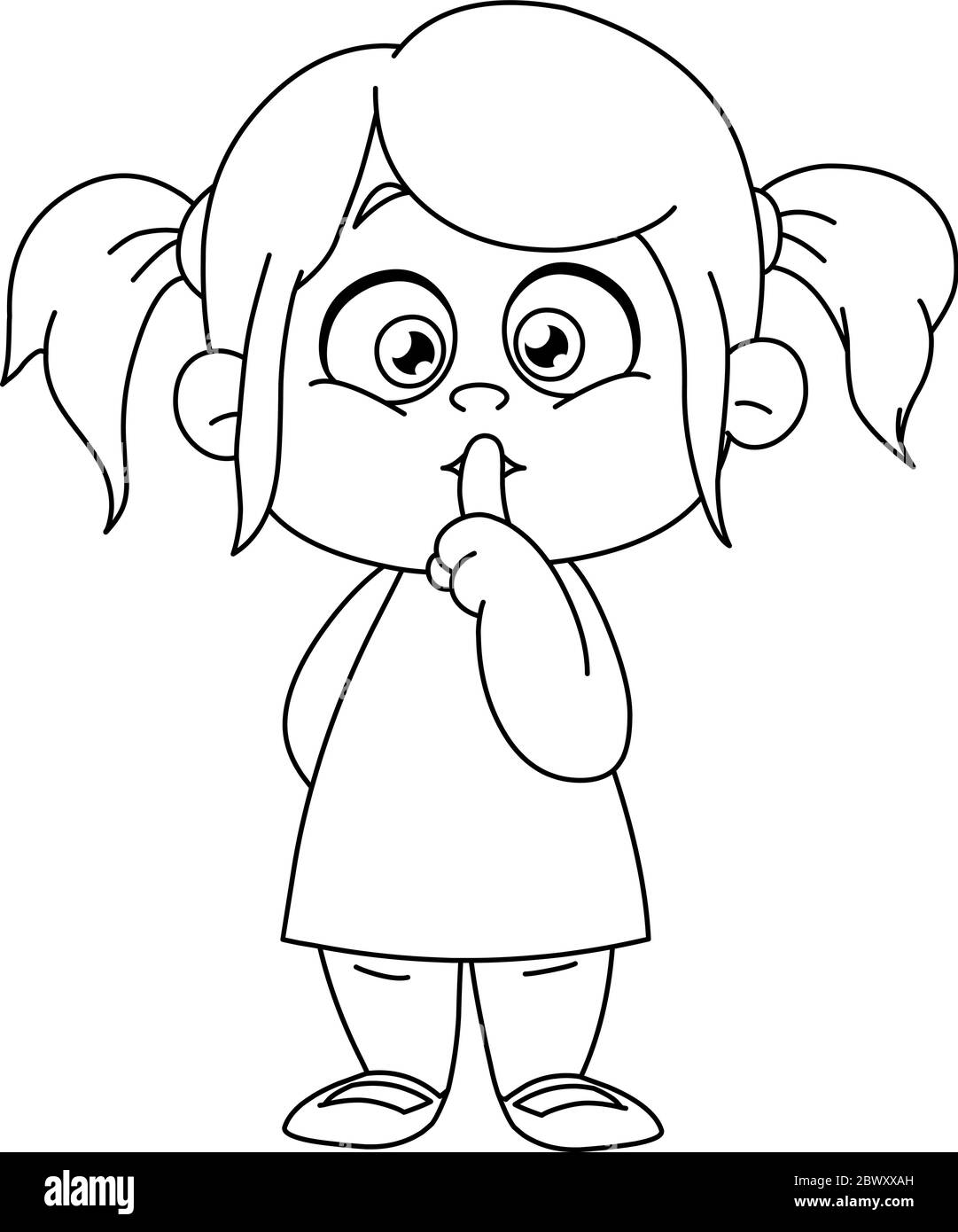 Outlined young girl with finger on lips making the silence sign. Vector line art illustration coloring page. Stock Vector