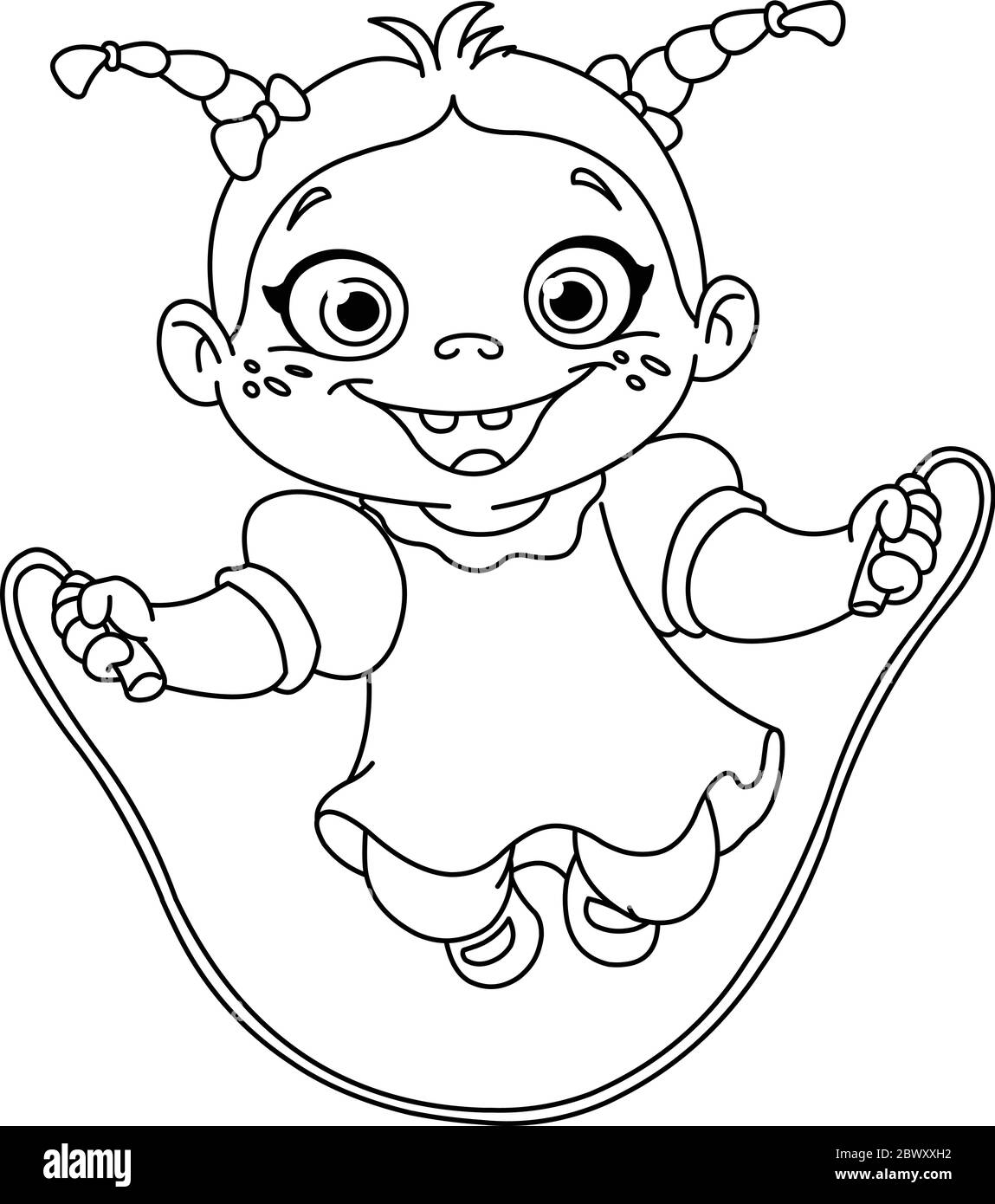 Outlined young girl playing with a jump rope. Vector line art illustration coloring page. Stock Vector