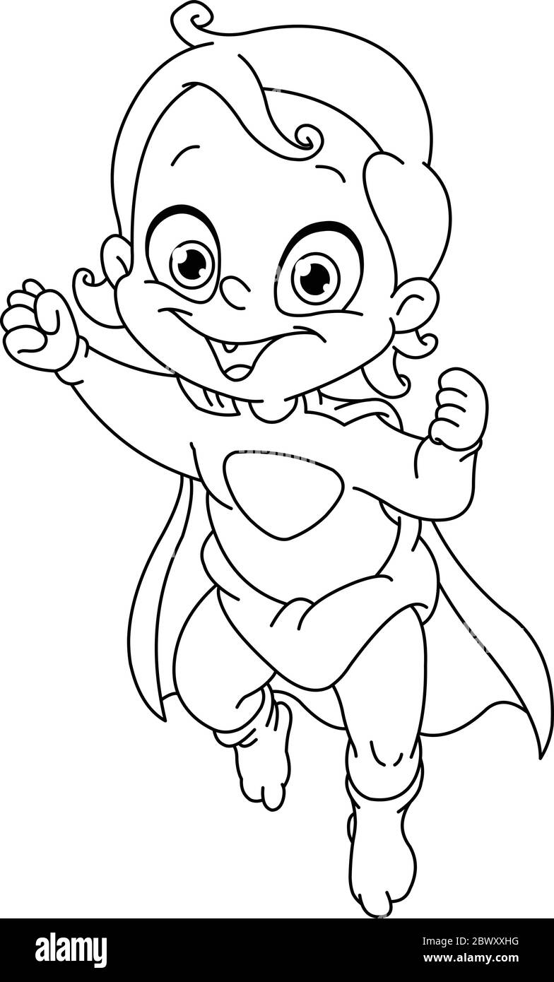 Outlined baby Super hero flying. Vector line art illustration coloring page. Stock Vector