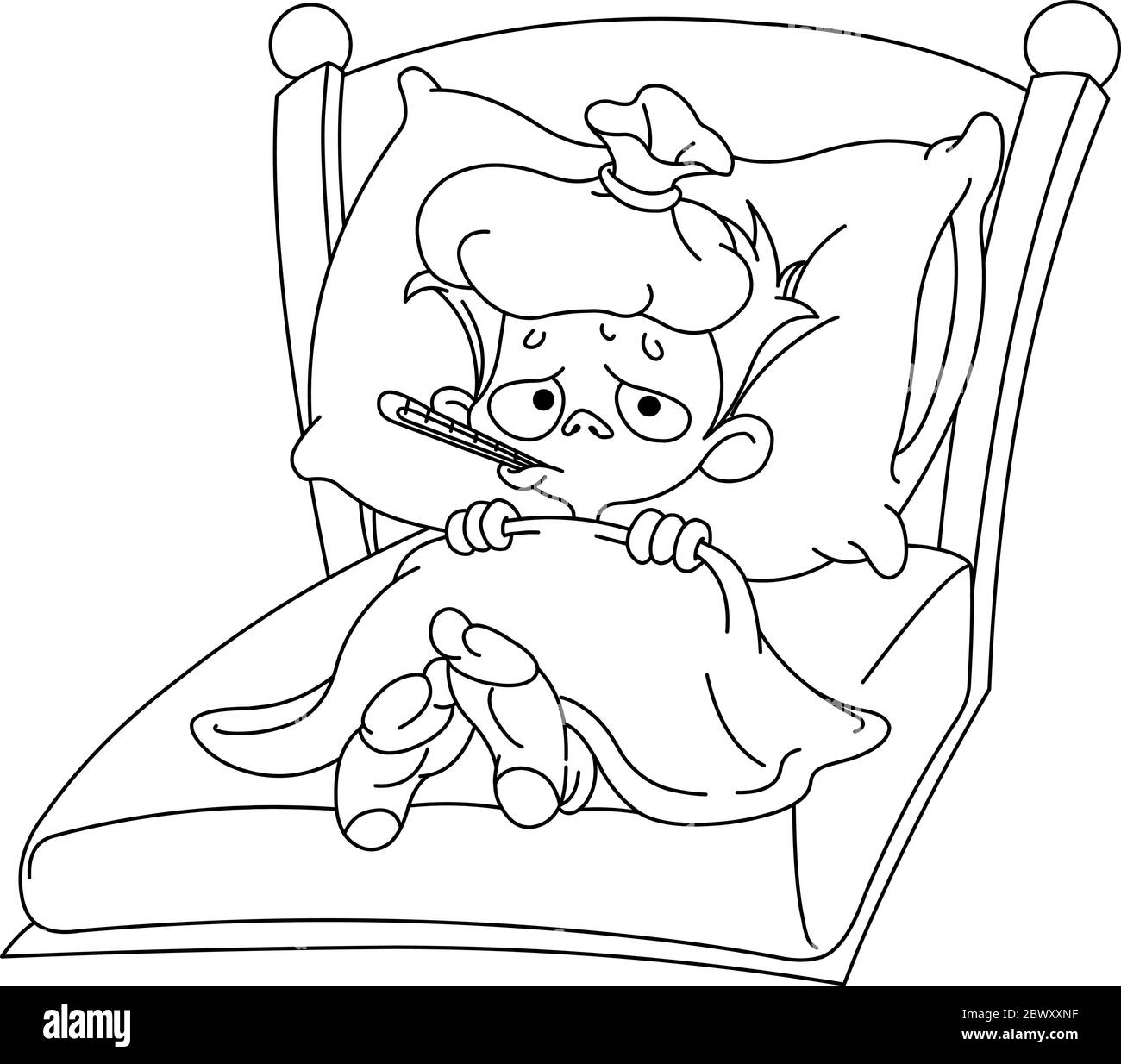 Outlined sick kid lying in bed. Vector illustration coloring page. Stock Vector