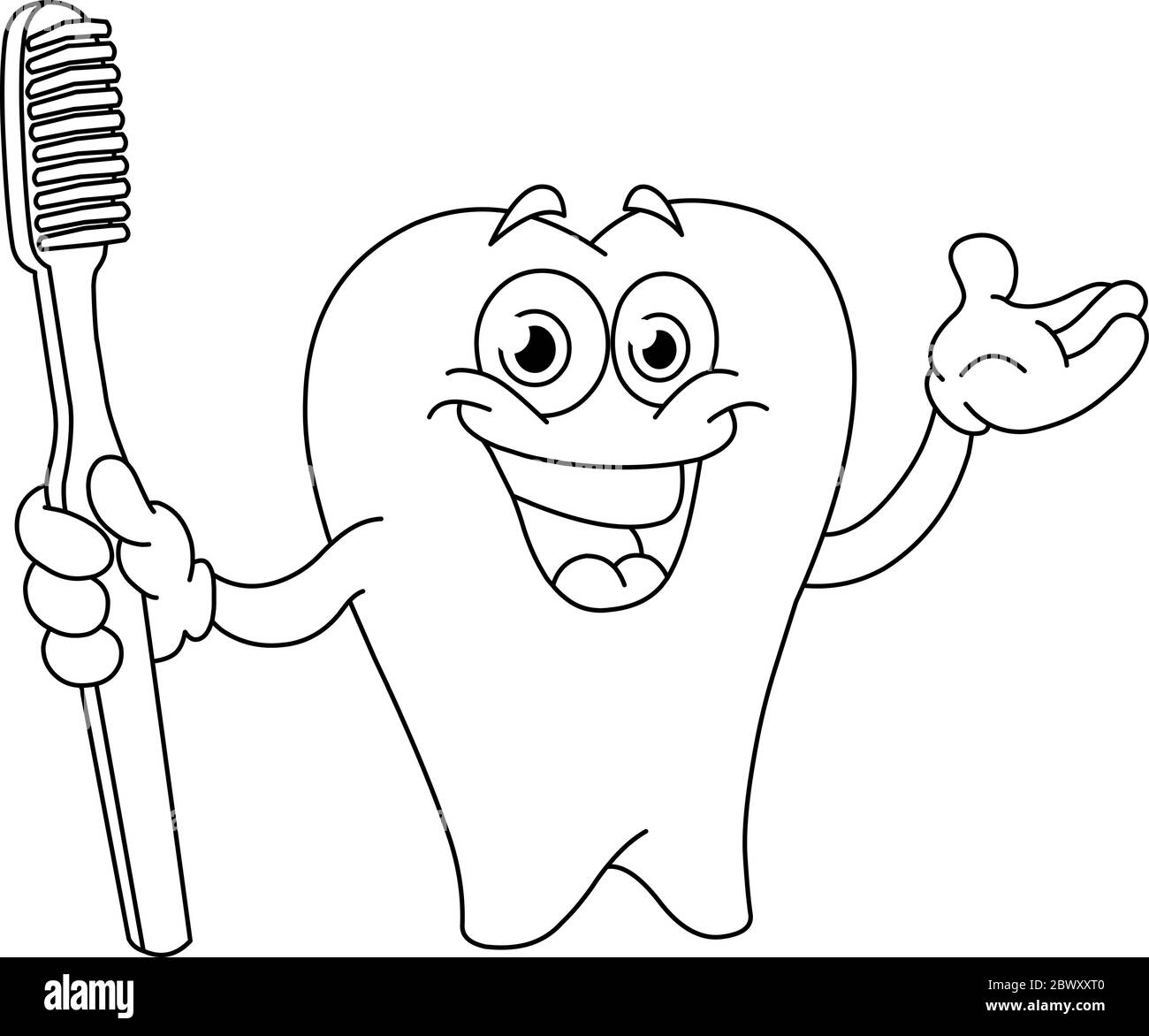 Outlined cartoon tooth holding a toothbrush. Vector illustration coloring page. Stock Vector