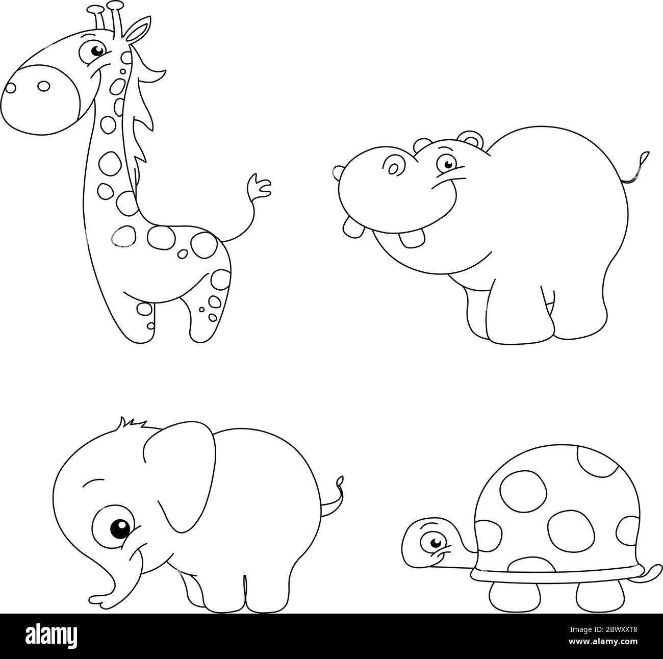 Outlined cute animal set: giraffe, hippopotamus, elephant and turtle Stock Vector