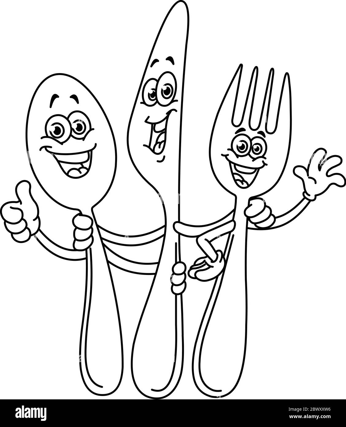 Outlined happy cartoon silverware, spoon knife and fork. Vector line art illustration coloring page. Stock Vector