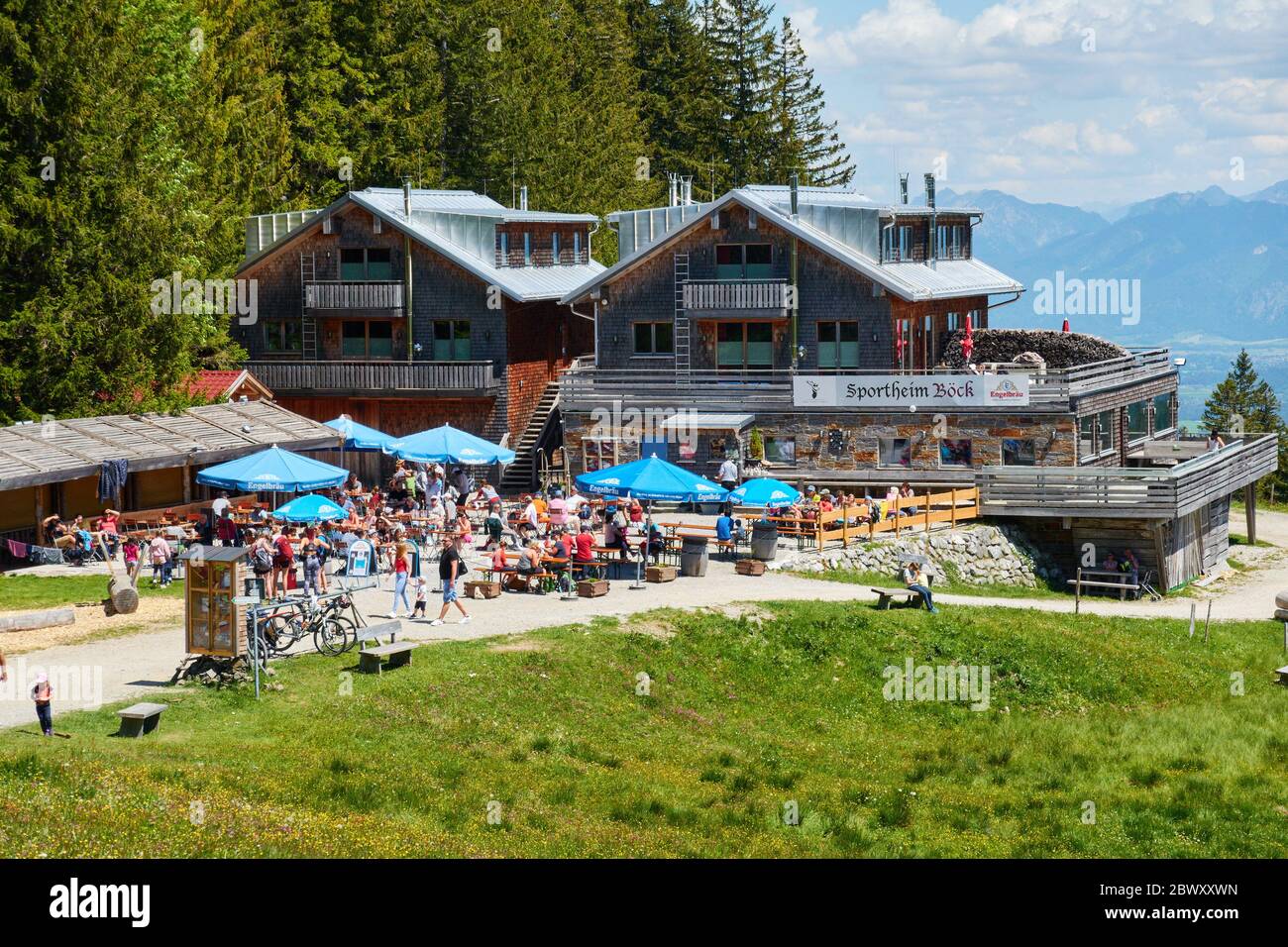 Nesselwang, Germany, 2nd of June, 2020. In Corona times, the cable car reopened and hiker are walking up to the Edelsberg peak with Sportheim Boeck mountain hut. © Peter Schatz / Alamy Live News Stock Photo