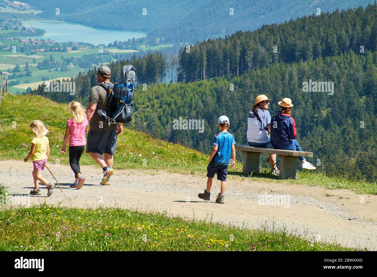 Nesselwang, Germany, 2nd of June, 2020. In Corona times, the cable car reopened and hiker are walking up to the Edelsberg peak with Sportheim Boeck mountain hut. © Peter Schatz / Alamy Live News Stock Photo