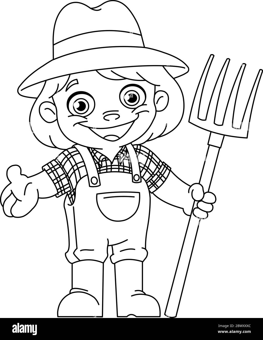 Outlined happy young girl farmer holding a pitchfork. Vector line art illustration coloring page. Stock Vector