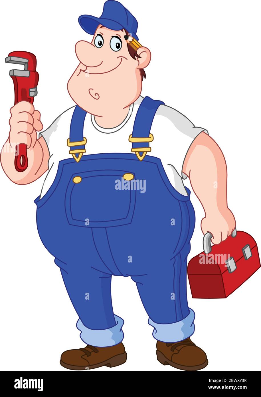 Happy repairman holding big wrench and tool box Stock Vector