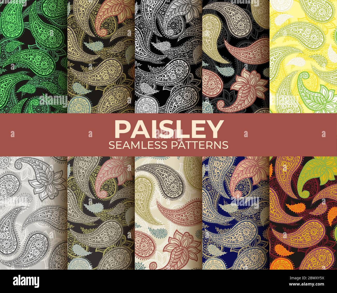 Paisley Patterns Set Seamless Colorful Floral Ornament Vector