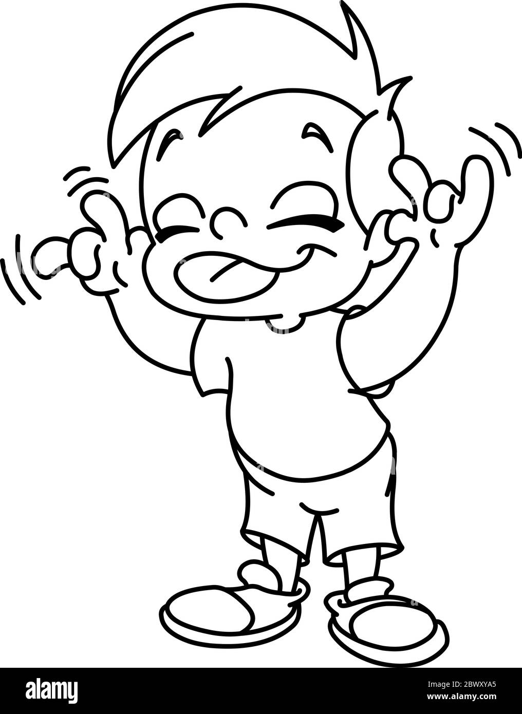 Outlined kid making a face and showing his tongue. Vector line art illustration coloring page. Stock Vector