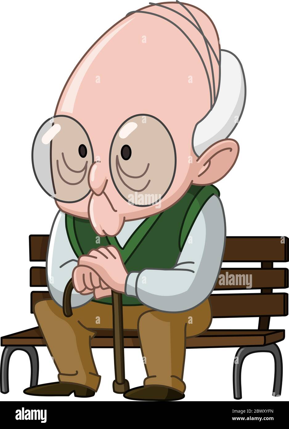 Old man with a cane sitting on a wooden bench Stock Vector