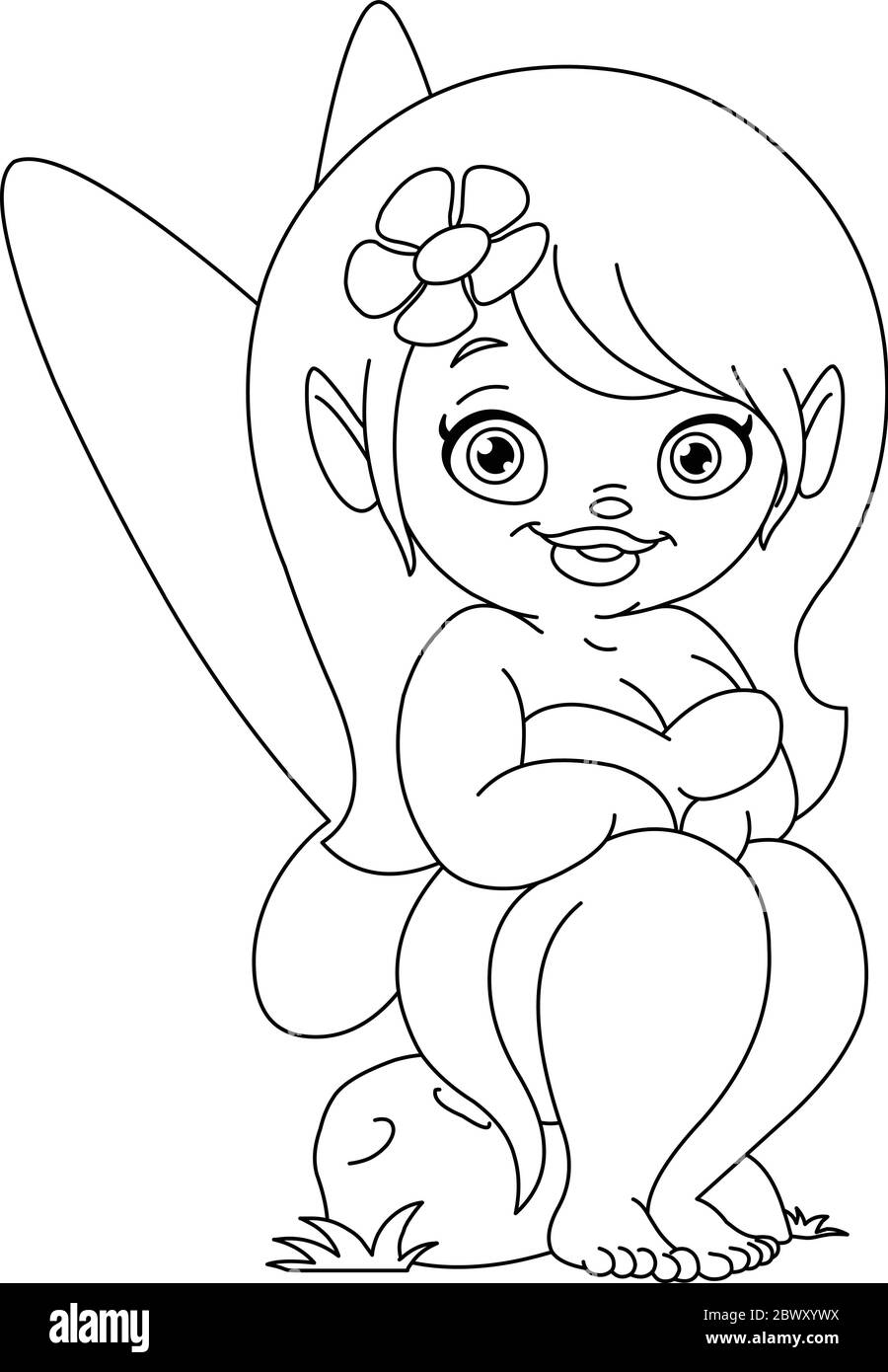 Outlined cute fairy sitting on a rock. Vector line art illustration coloring page. Stock Vector