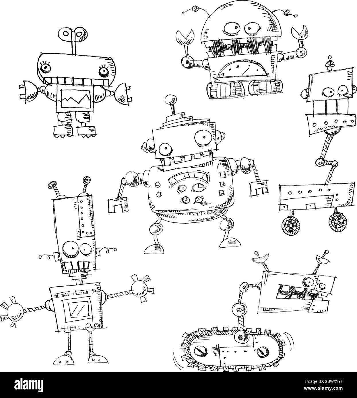 Hand drawn robot doodles isolated Stock Vector