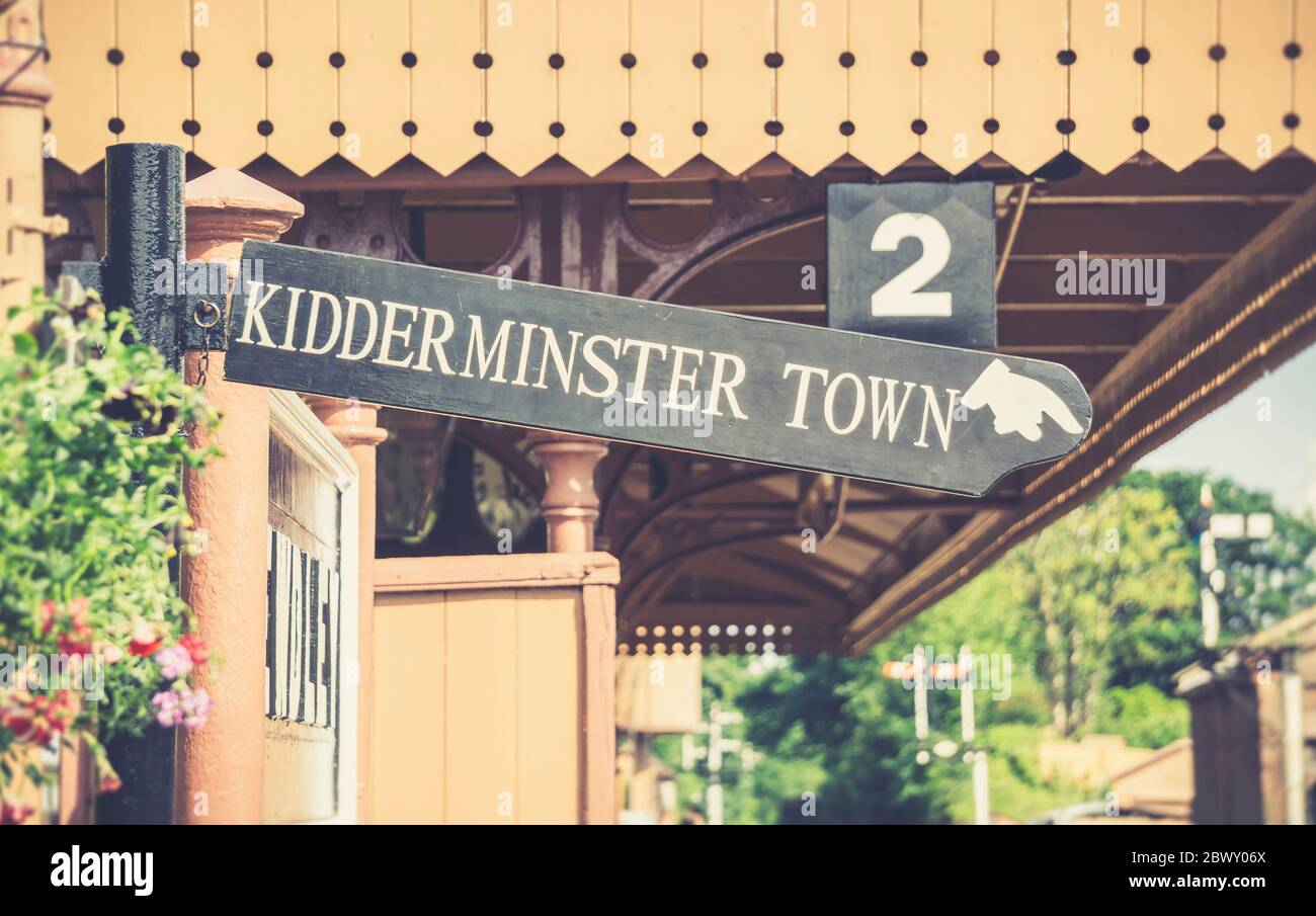 Close up platform sign for Kidderminster Town on Bewdley vintage train
