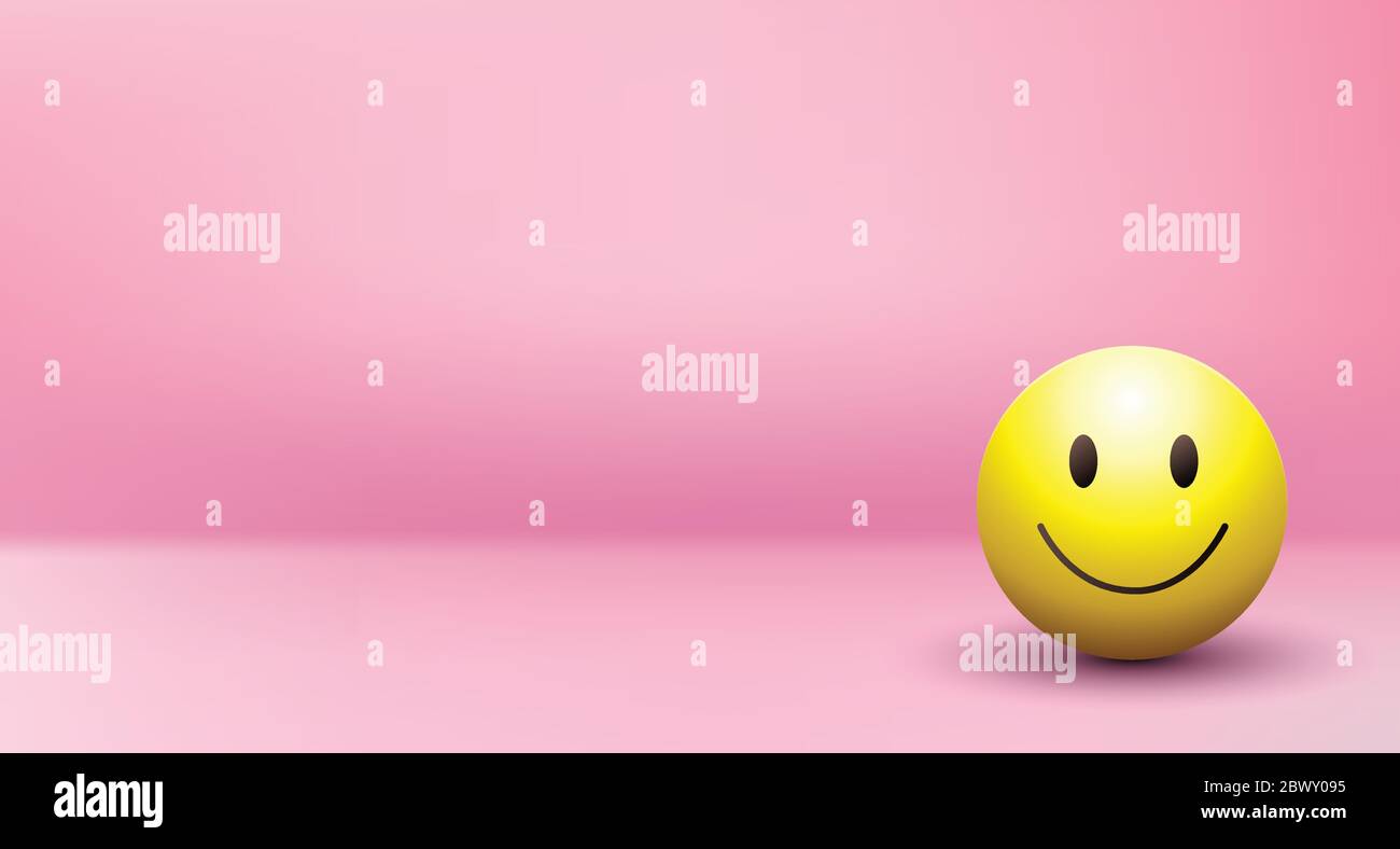 High quality emoticon vector illustration on pink wall background. Emoji smiling.Yellow face smiling with eyes.Smiley ball. 3D emoji. Stock Vector