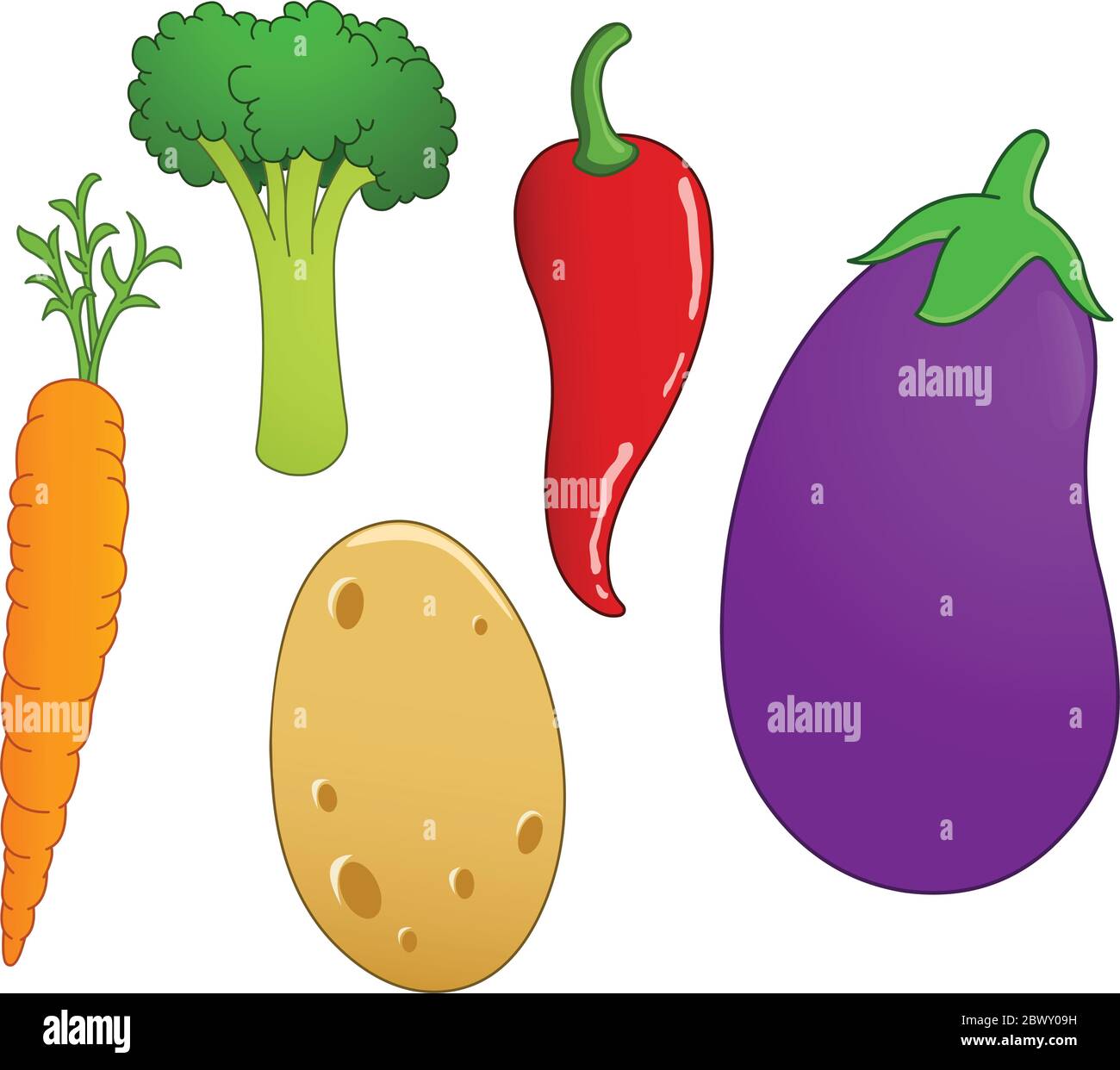 Vegetable set: carrot, broccoli, chili pepper, eggplant and potato Stock Vector