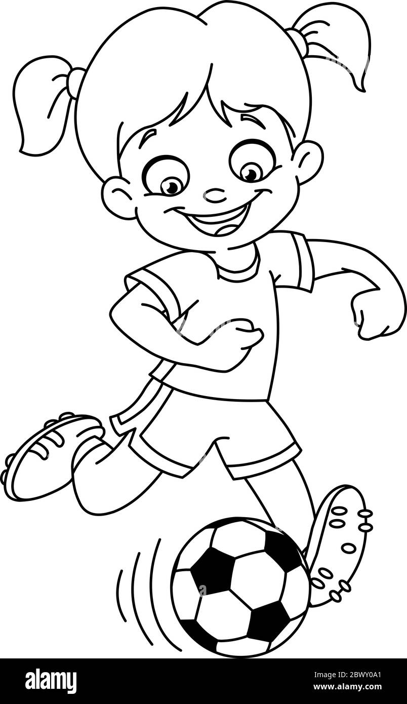 Outlined young girl playing soccer. Vector line art illustration coloring page. Stock Vector