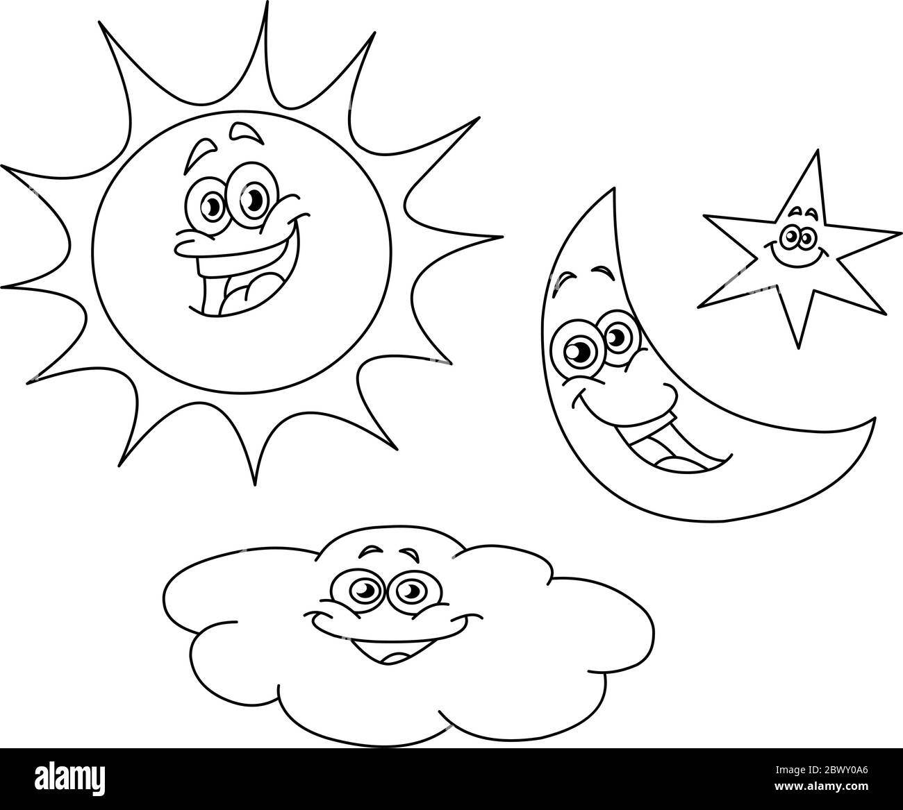 Outlined sun moon star and cloud set Stock Vector