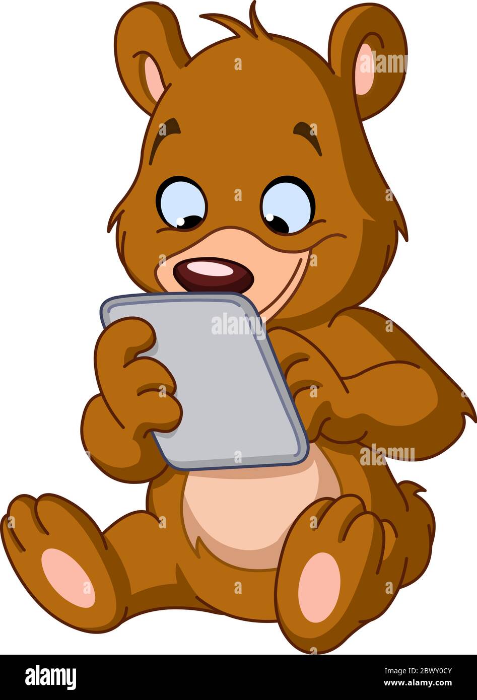 Sitting teddy bear using a tablet pc Stock Vector