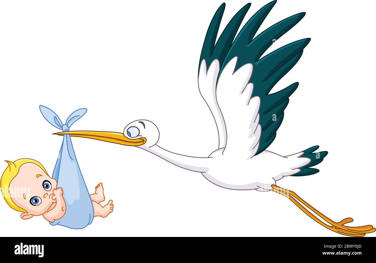 Stork carrying a baby boy Stock Vector