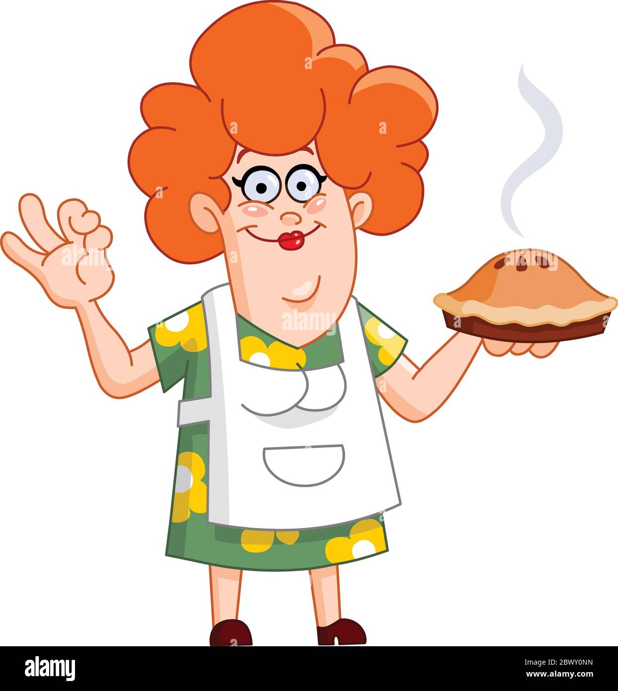 Friendly lady showing her home made pie Stock Vector