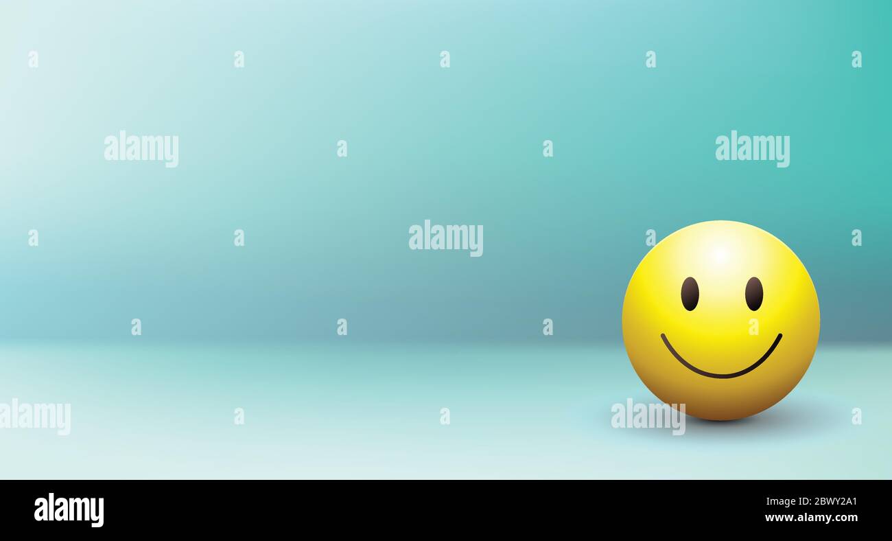 High quality emoticon vector illustration on blue wall background. Emoji smiling.Yellow face smiling with eyes.Smiley ball. 3D emoji. Stock Vector