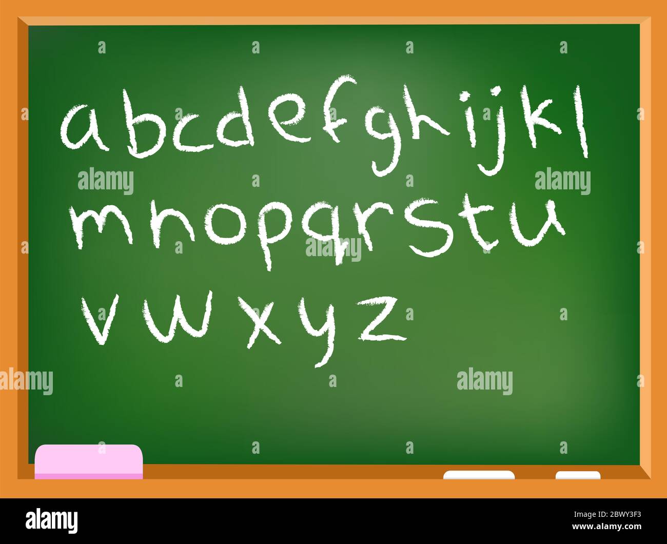 Hand drawn lower case chalk alphabet on a chalkboard Stock Vector
